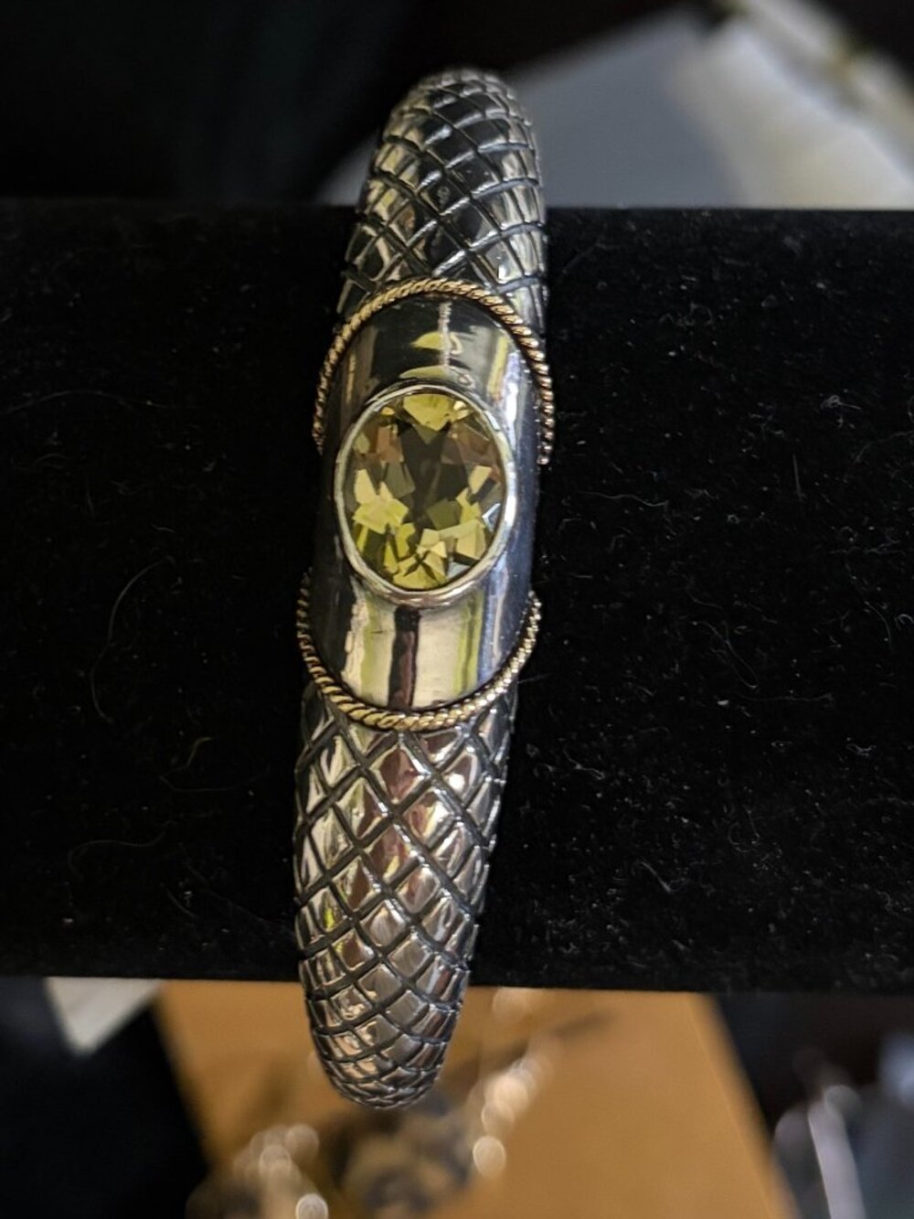 14KT Accent / .925 Sterling, SSLMN QTZ Stone. Hinged Bangle Bracelet